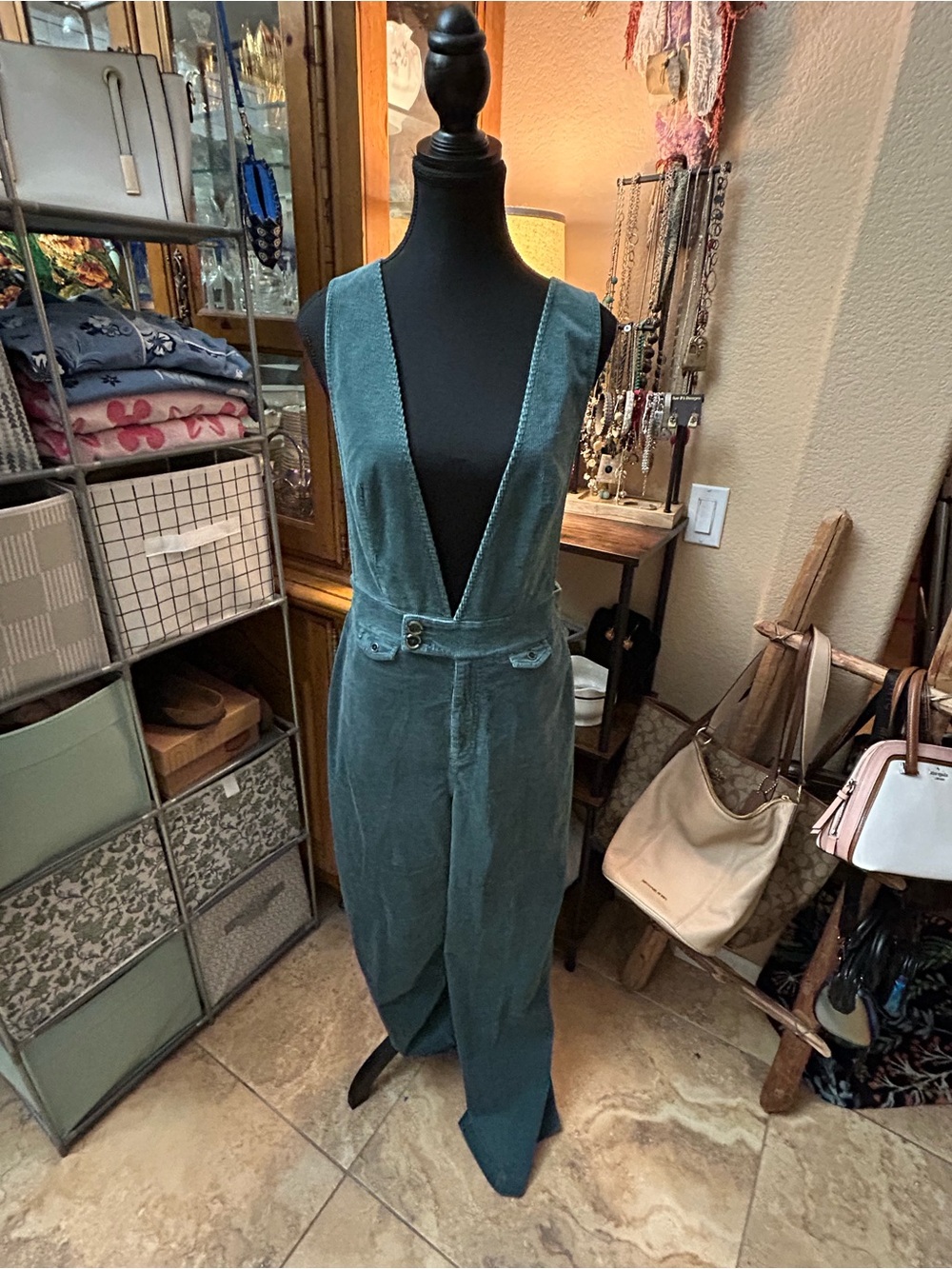 Pilcro Teal Corduroy Deep-V Wide-Leg Jumpsuit